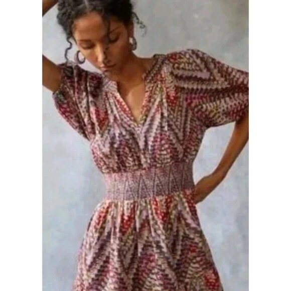 Anthropologie Conditions Apply Preppy Puff-Sleeve Geometric  Midi Dress Sz 16 - Picture 3 of 10